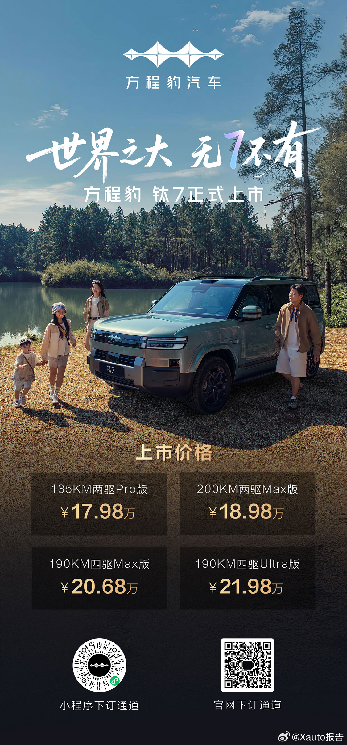 比亚迪方程豹钛7上市：17.98万起9月9日，比亚迪旗下方程豹全新中大型SUV钛