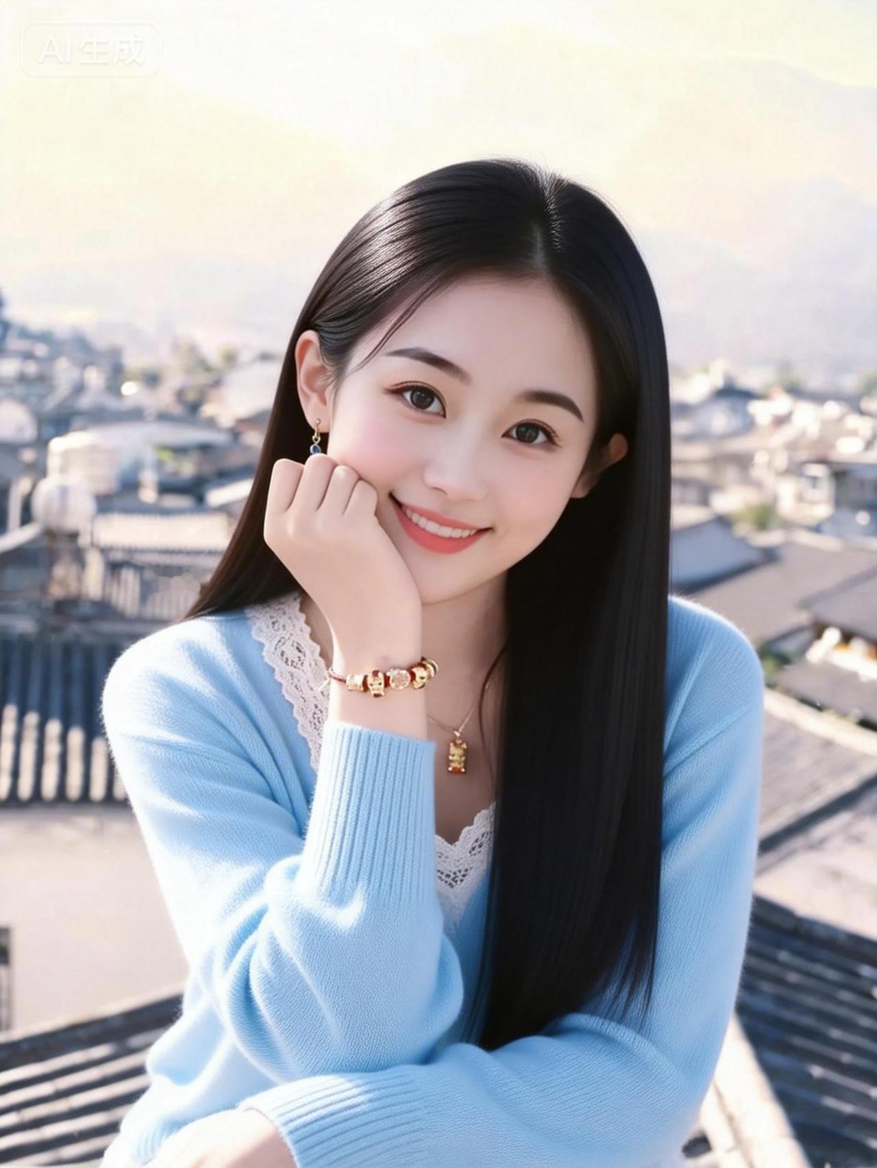 笑靥如花映碧空，心随云卷意悠长。