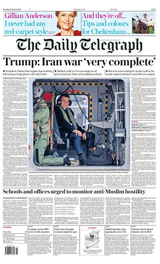 据《每日电讯报》报道，唐纳德·特朗普表示，伊朗战争——目前已进入第十天——“非常