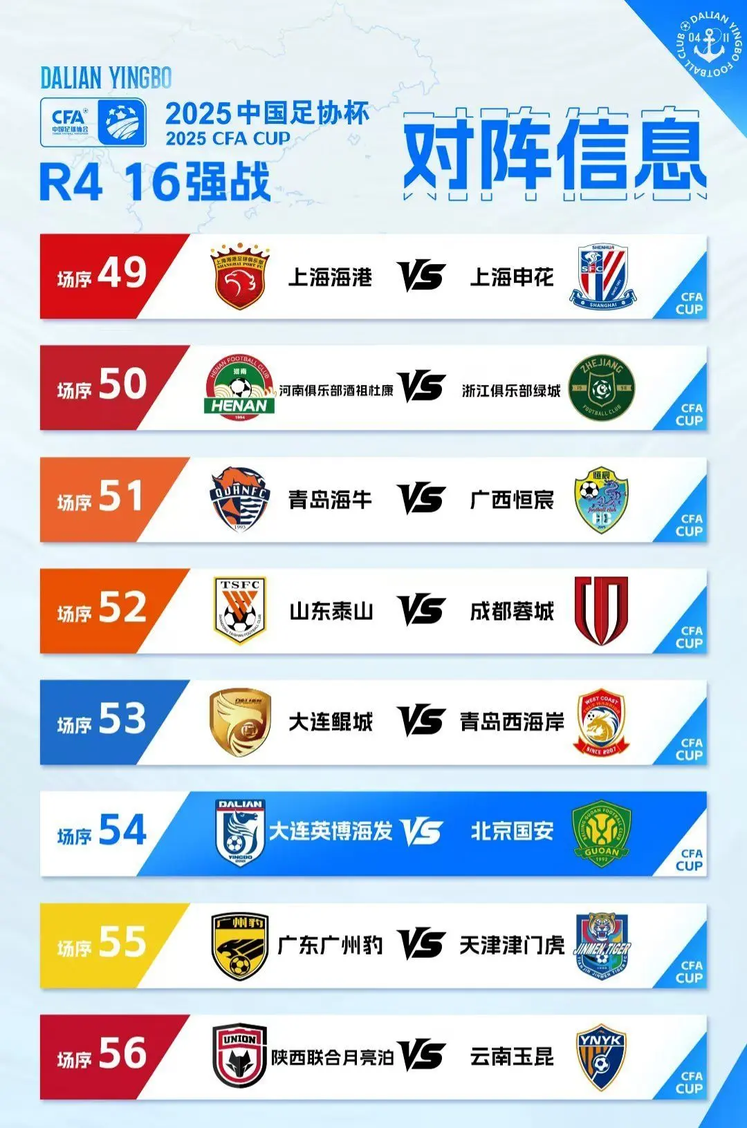 2025足协杯第四轮抽签结果 比赛将于6.20-6.22举行。