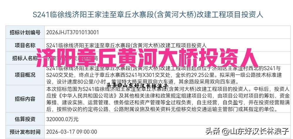 济南又将建新黄河大桥～即S241济阳王家洼至章丘水寨段含黄河大桥改建项目投资人将