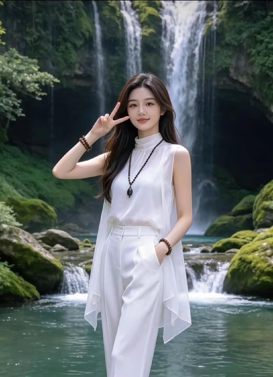 在瀑布前摆POSE，美美哒！