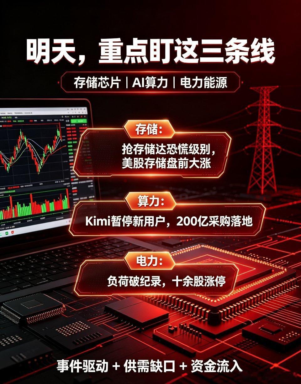 A股行情明日三大核心关注方向一、存储芯片：全球囤货进入恐慌级，AI需求明年最高翻