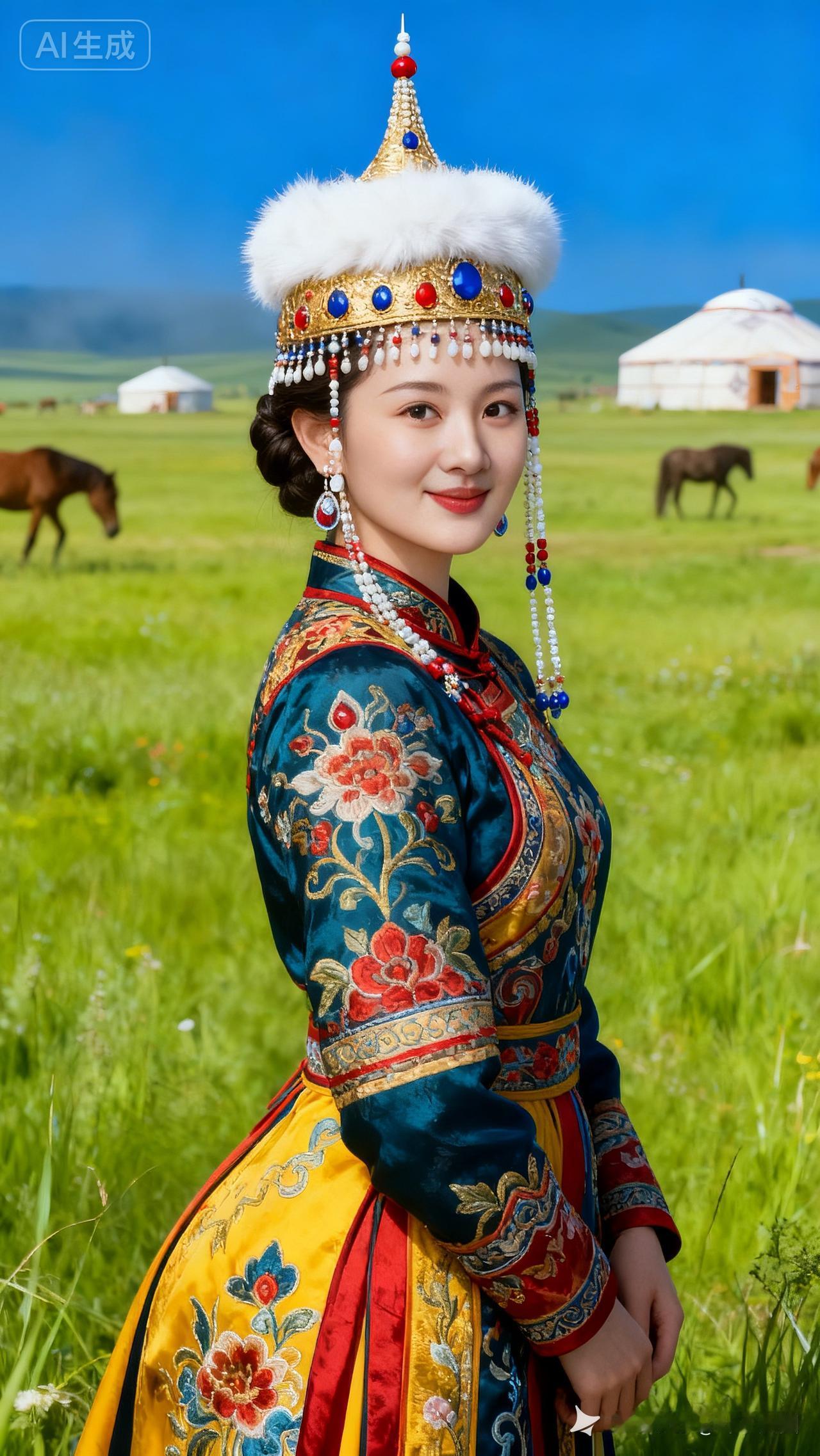 草原上的美丽姑娘，身着传统服饰，背景是广阔的草原和蒙古包。