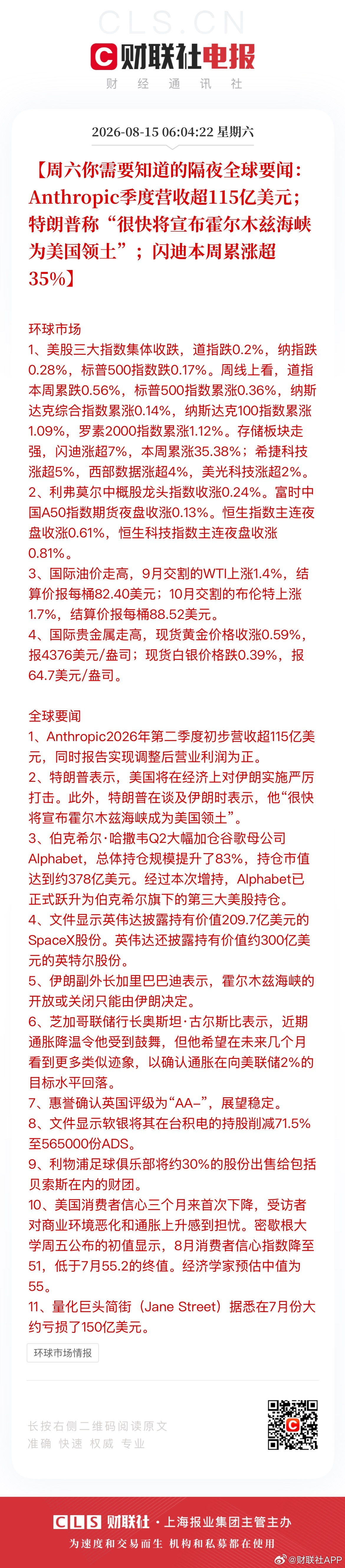 美股存储又涨了 闪迪本周累涨35% 【周六你需要知道的隔夜全球要闻：Anthro