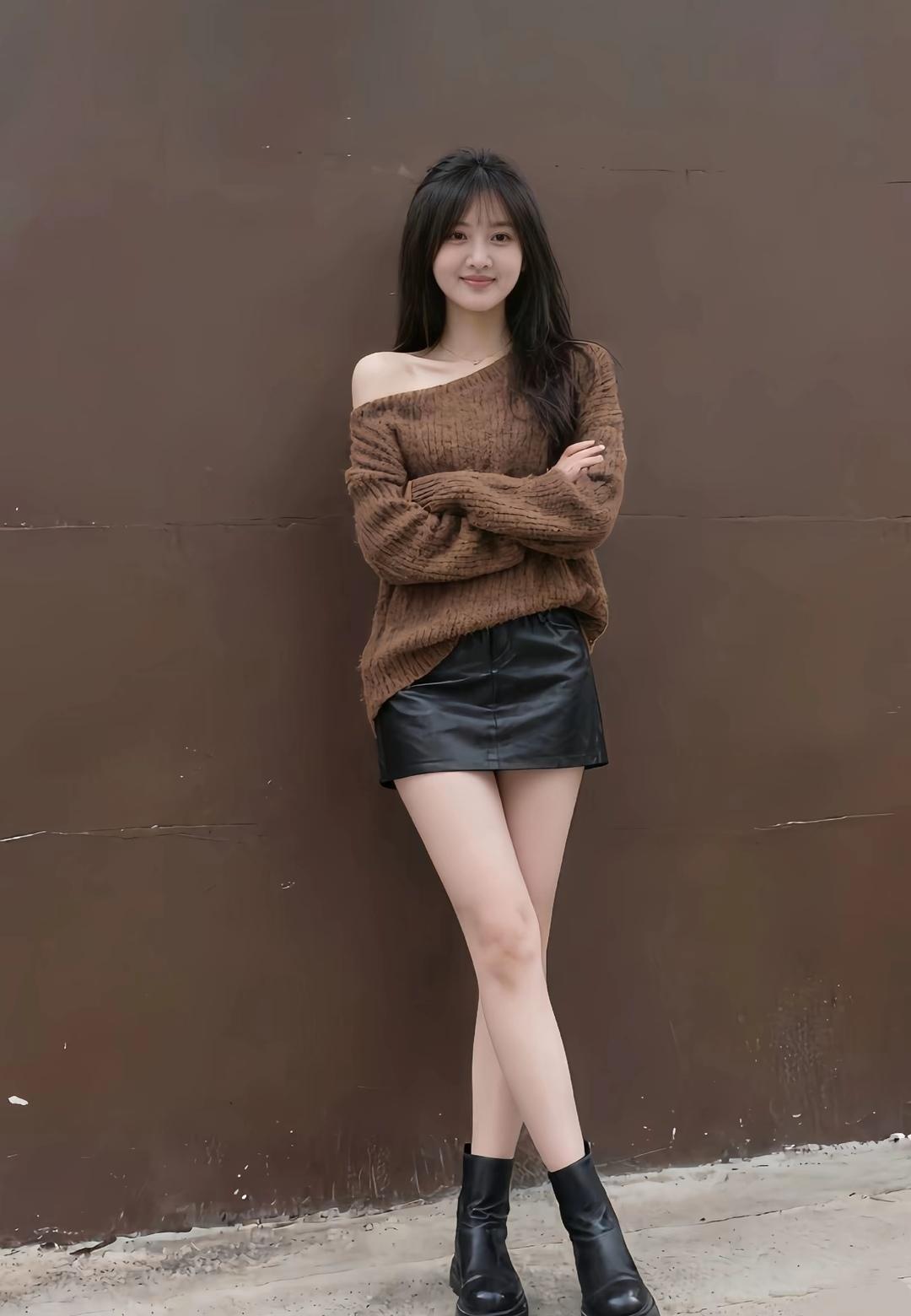 秋日穿搭指南：棕色毛衣+黑色皮裙，简约又时尚！