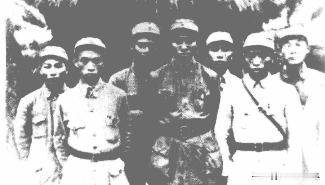 抗日战争时期，新四军第⼀⽀队领导⼲部王必成 （左⼆）、刘培善（左四）、郭猛（左六