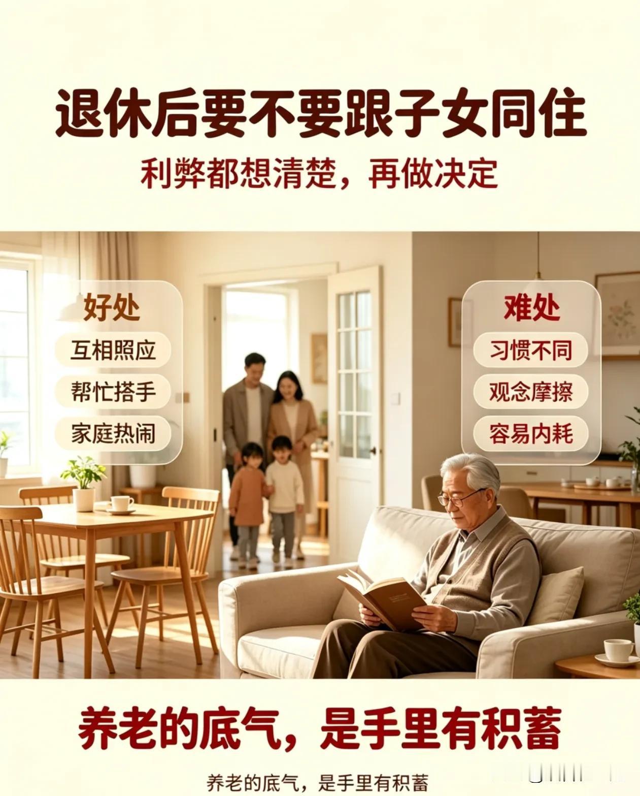 退休后要不要跟子女同住？

有人说退休后儿女忙碌需要搭把手的时候，老人帮忙分担家