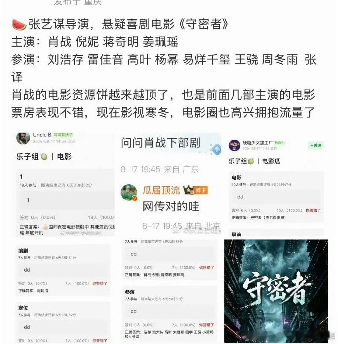 肖战🍉肖战 倪妮 蒋奇明 姜佩瑶保密电影接触中肖战都饼都是又大又香大导大厂！非