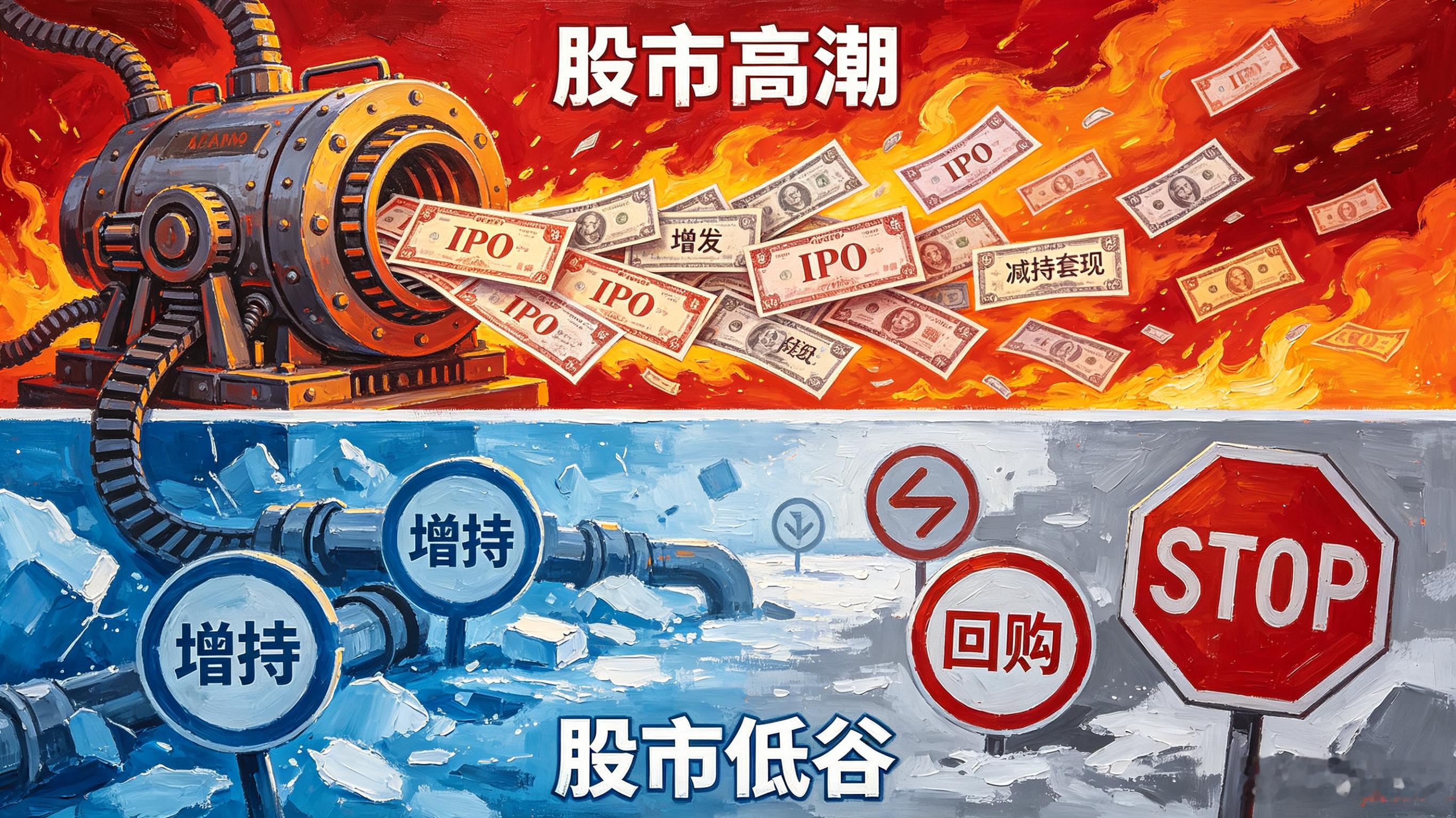 股市高潮时，新股IPO、增发、减持套现；股市低谷期，增持、回购、停发新股！a股