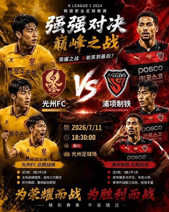 输赢是常态，翻盘是本事。韩k联 201球队 ：光州FC VS 浦项制铁风向：2-