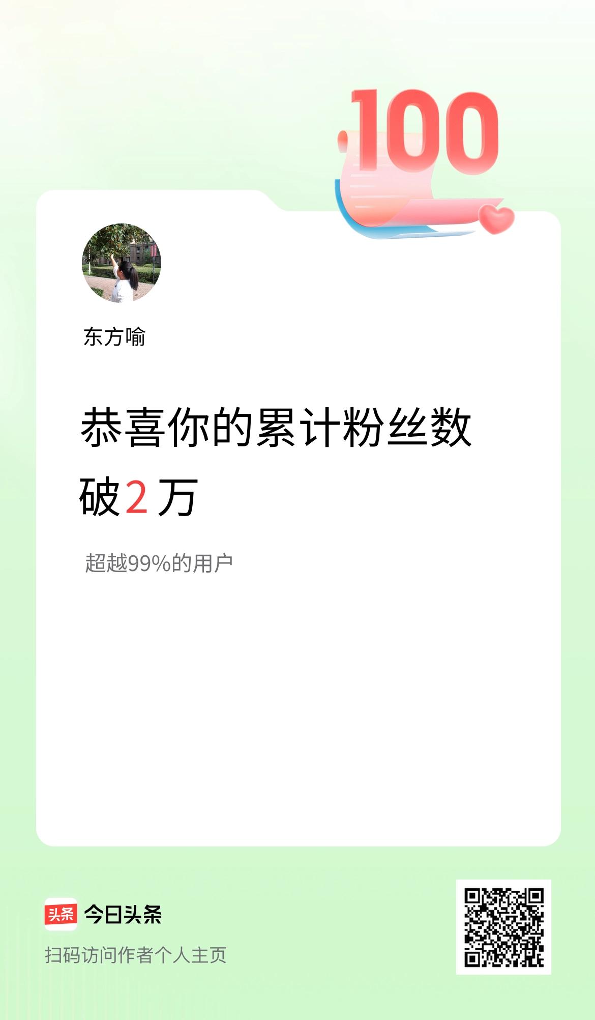 我在头条累计粉丝数破2万啦！