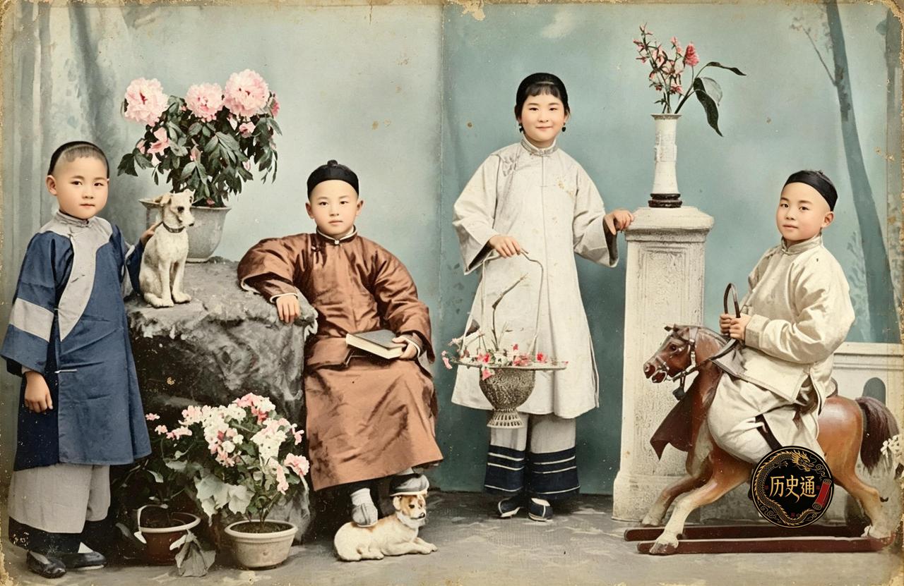 这是四个孩子被照相师傅摆进同一扇布景里。假山石、花盆、雕柱、蓝天画布，都是照相馆