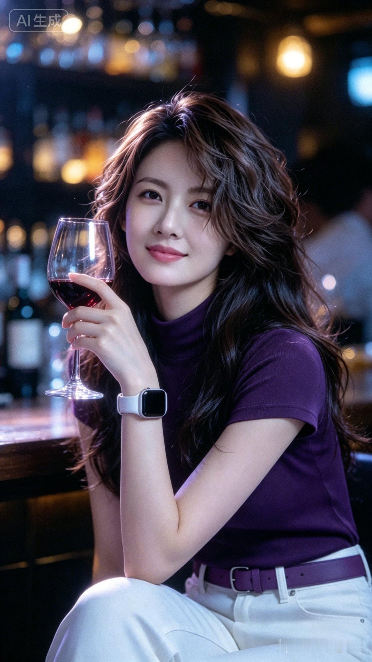 在酒吧里，她手拿红酒杯微笑。