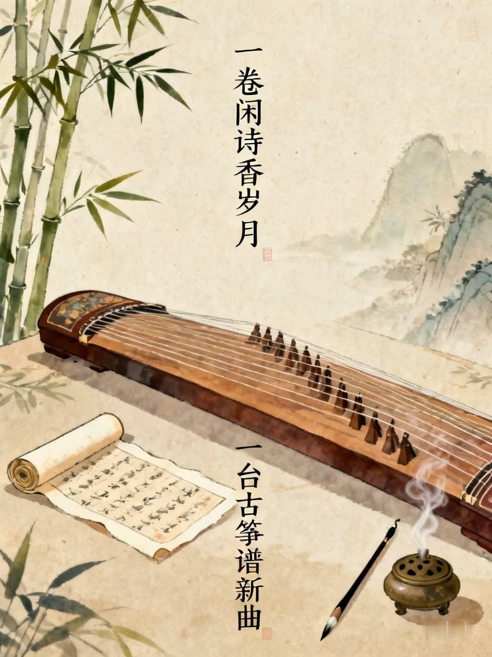 下联：一台古筝谱新曲。