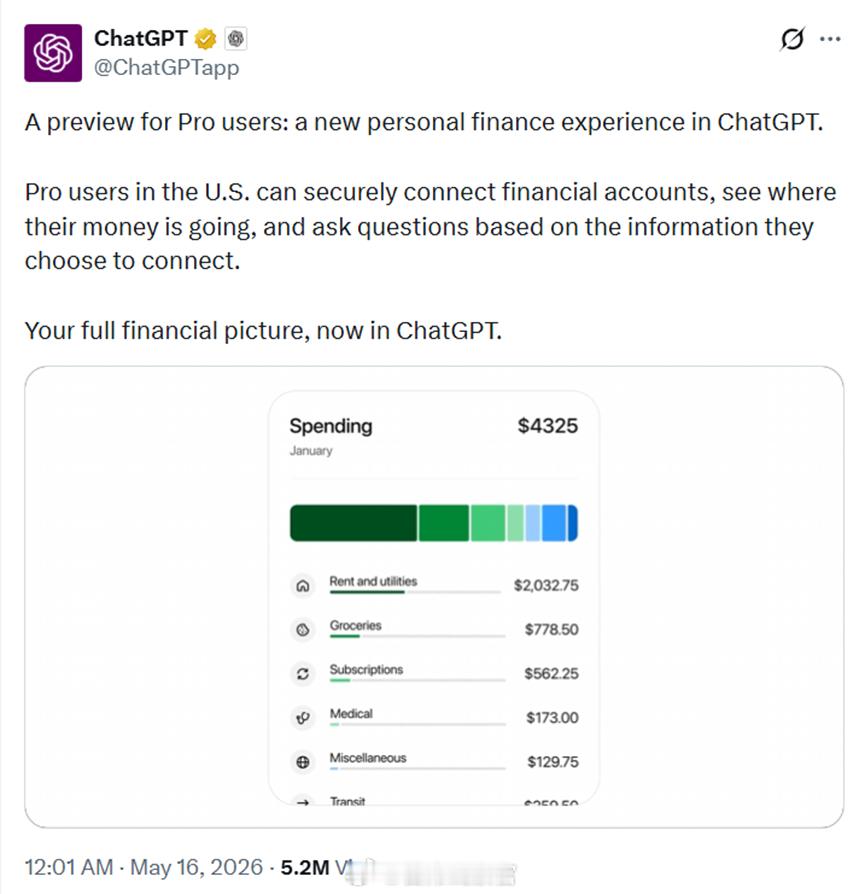 ChatGPT Pro 上线最新功能-个人财务分析。不过这项功能仅面向美国地区用
