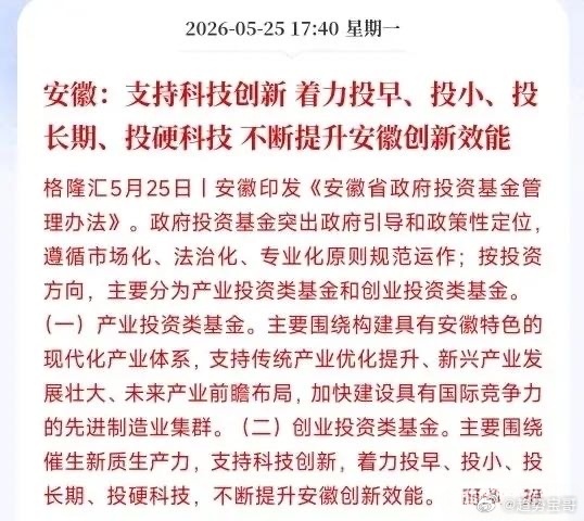 A股收盘后，科技股又来了政策性利好消息安徽出台新规，规范打理省里的政府投资基金，