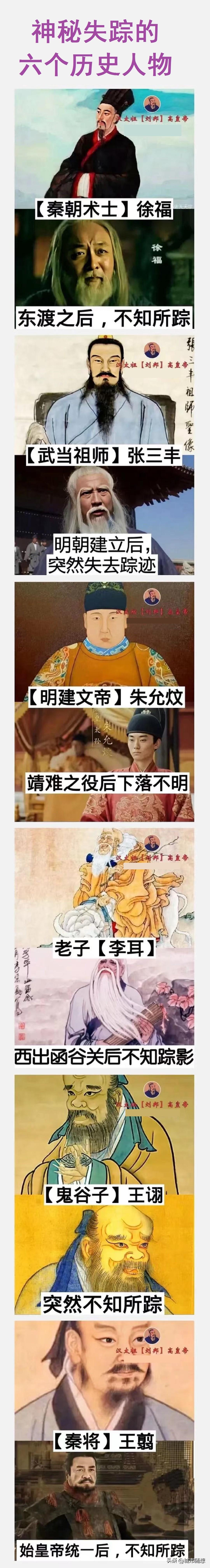 历史上神秘消失的六个人一览。

徐福：据说去了日本，日本人拜他为祖宗；

朱允炆