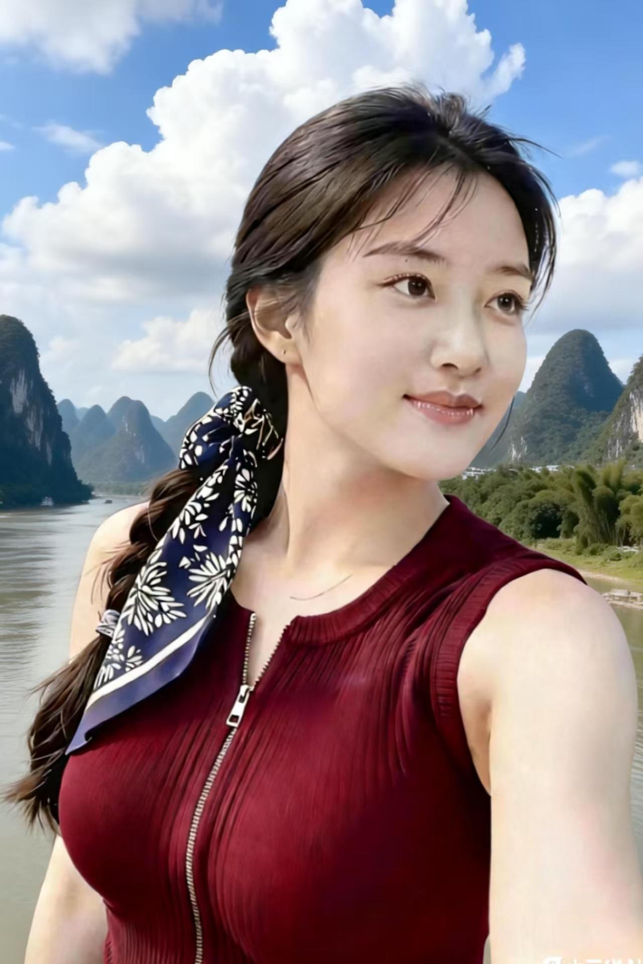 绝句 漓江随笔
漓江水绕碧峰柔，
蓝帕编发在心头。
抬眼漫观千嶂翠，
佳人美目揽