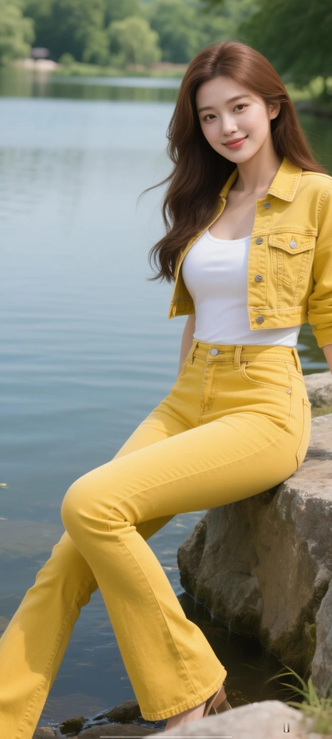 怎样穿搭知性又显身材?
小河边散步，黄色紧身微喇叭裤，可以试试。