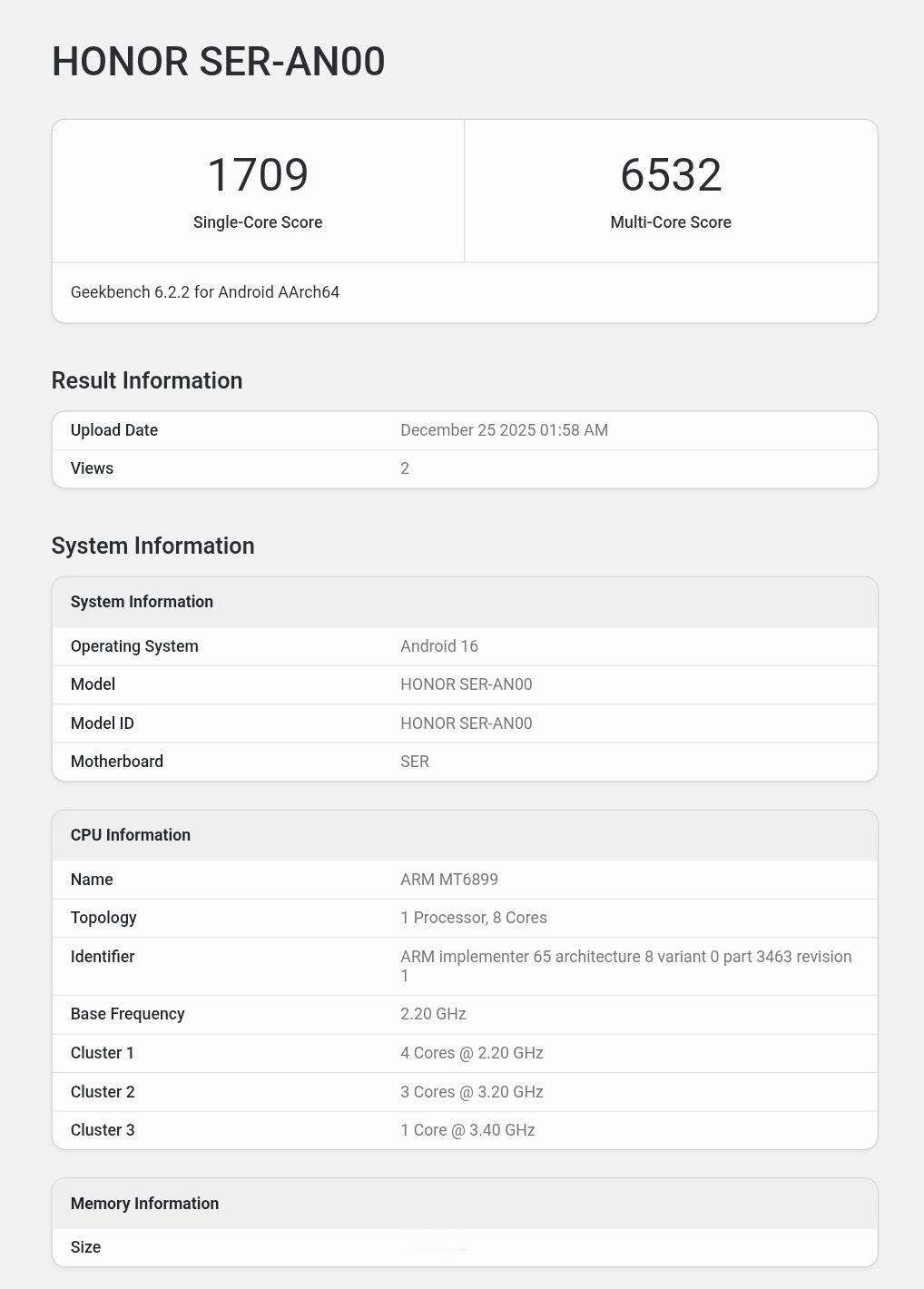 Honor Power2 D8500跑分出来了：1*3.4GHz+3*3.2GH