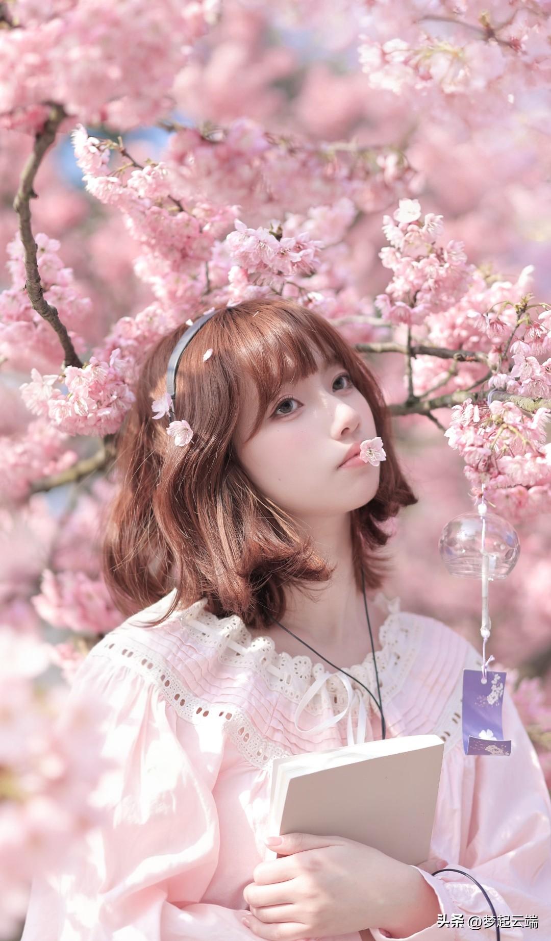 樱花树下，少女轻嗅花香，岁月静好。