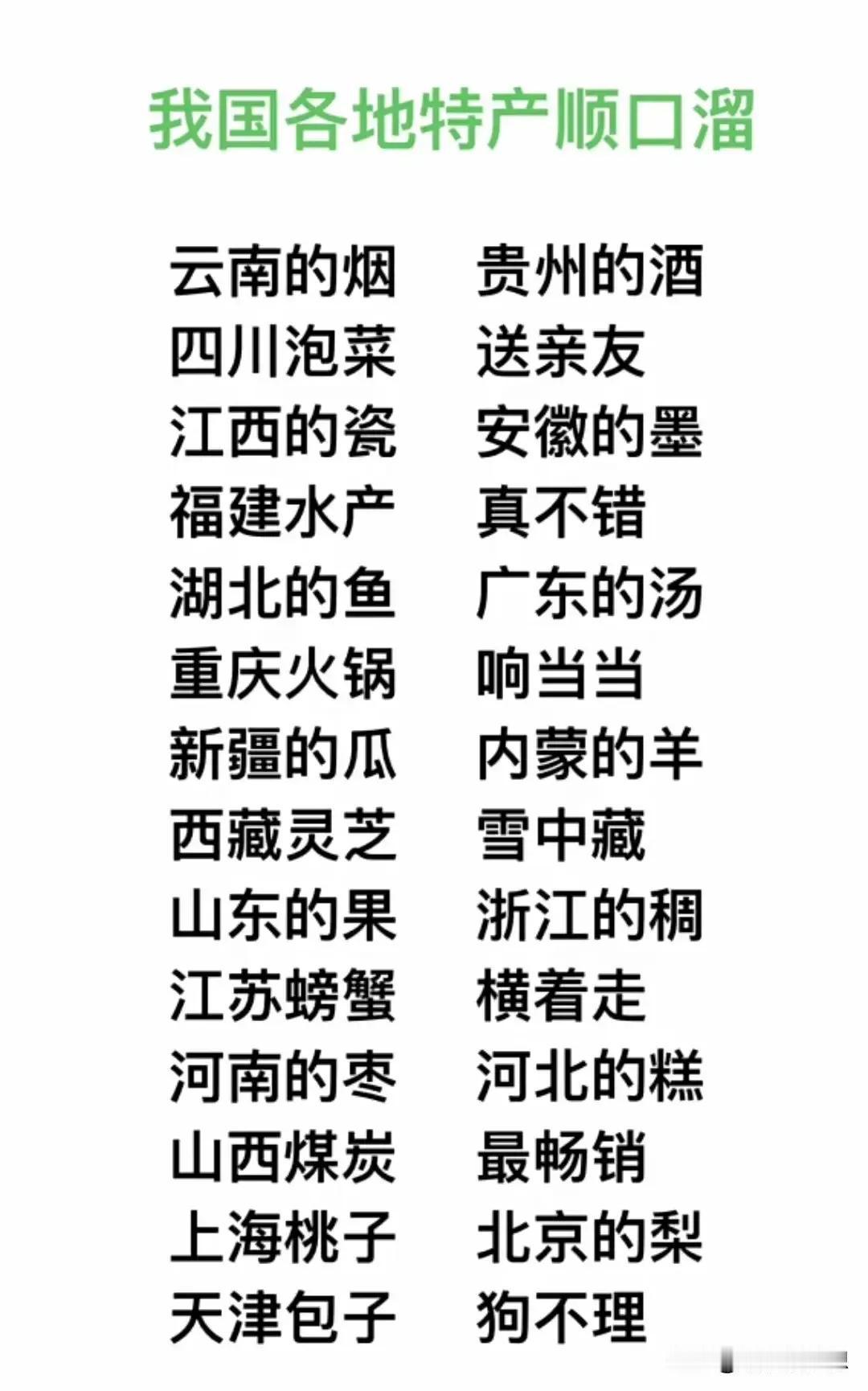 我们国家每个地方有各自的美食！

也有各自的特产！

下面的特产顺口溜，

有没