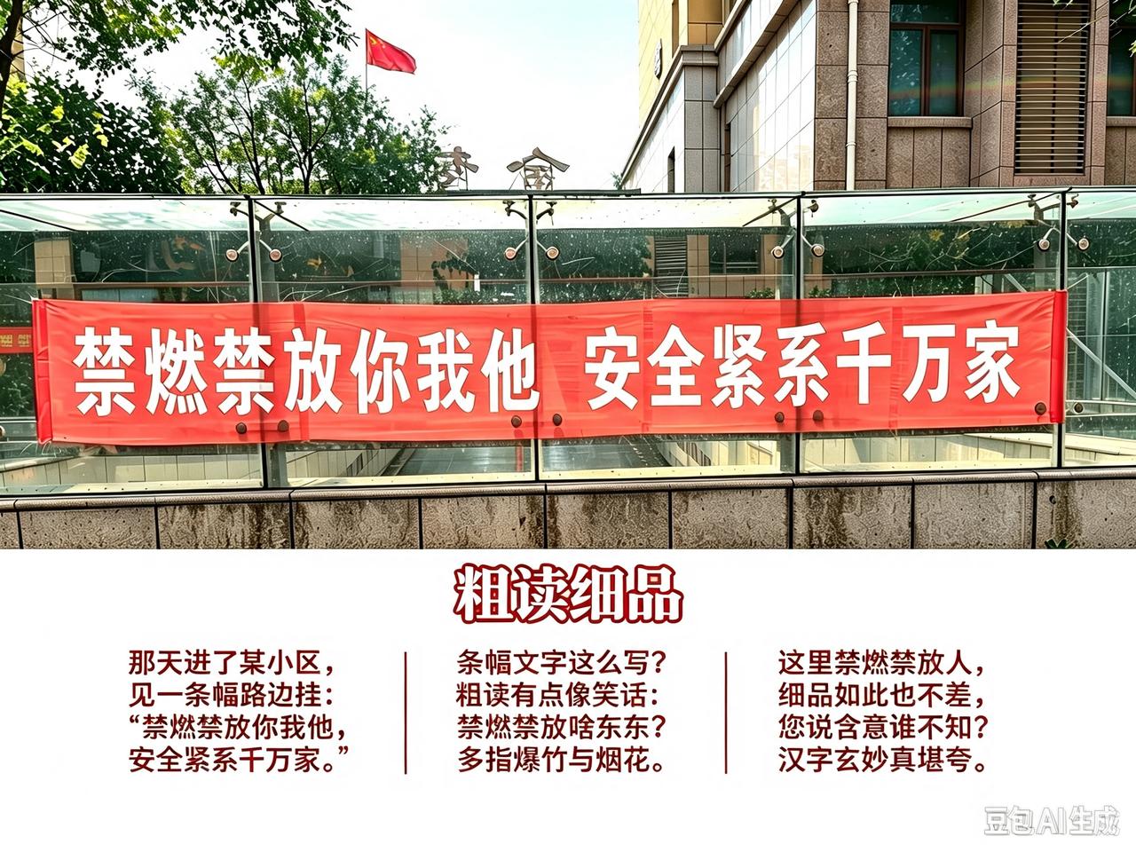 粗 读 细 品
那天进了某小区，
见一条幅路边挂：
“禁燃禁放你我他，
安全紧系