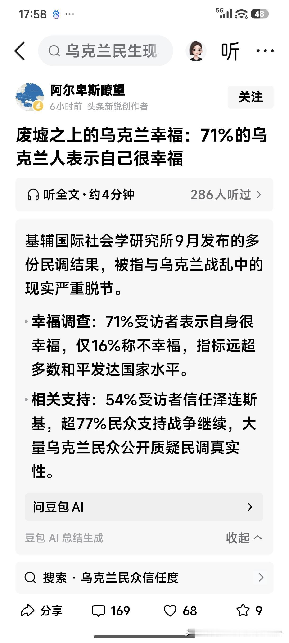乌克兰国际社会研究所9月份发布民调结果！
幸福调查：71%受访者表示自身很幸福，