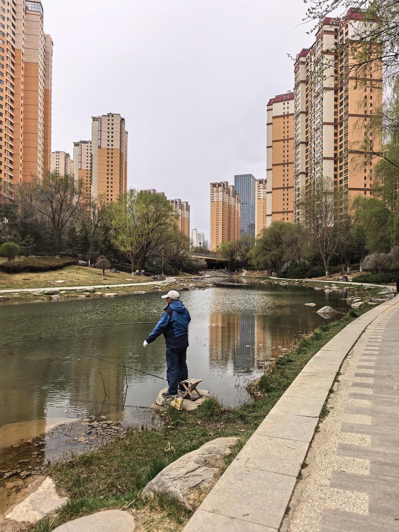 一到这个季节，
湿地公园的景不错，
钓鱼者也多了起来。