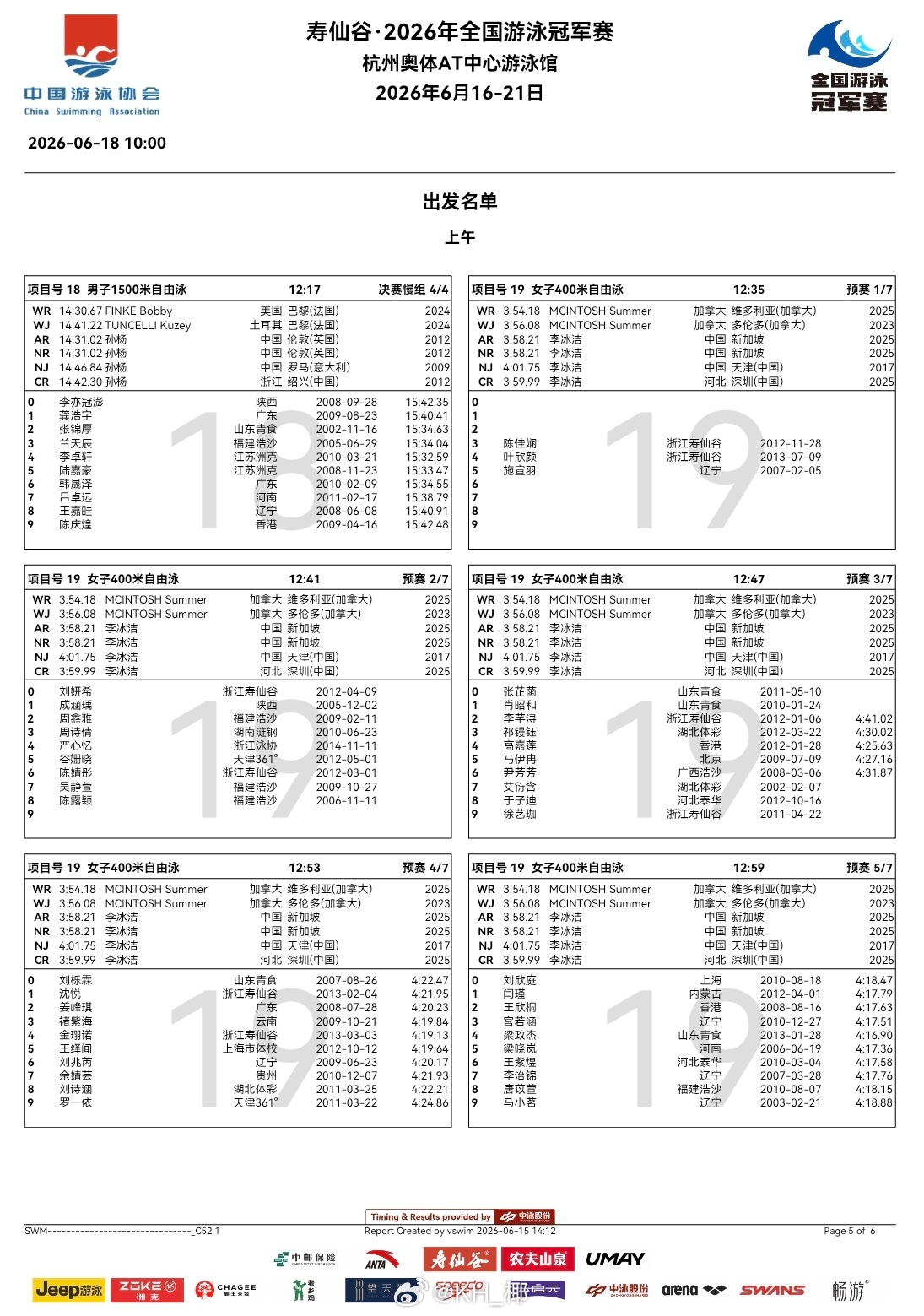 2026年全国游泳冠军赛 第三天预赛秩序单 
