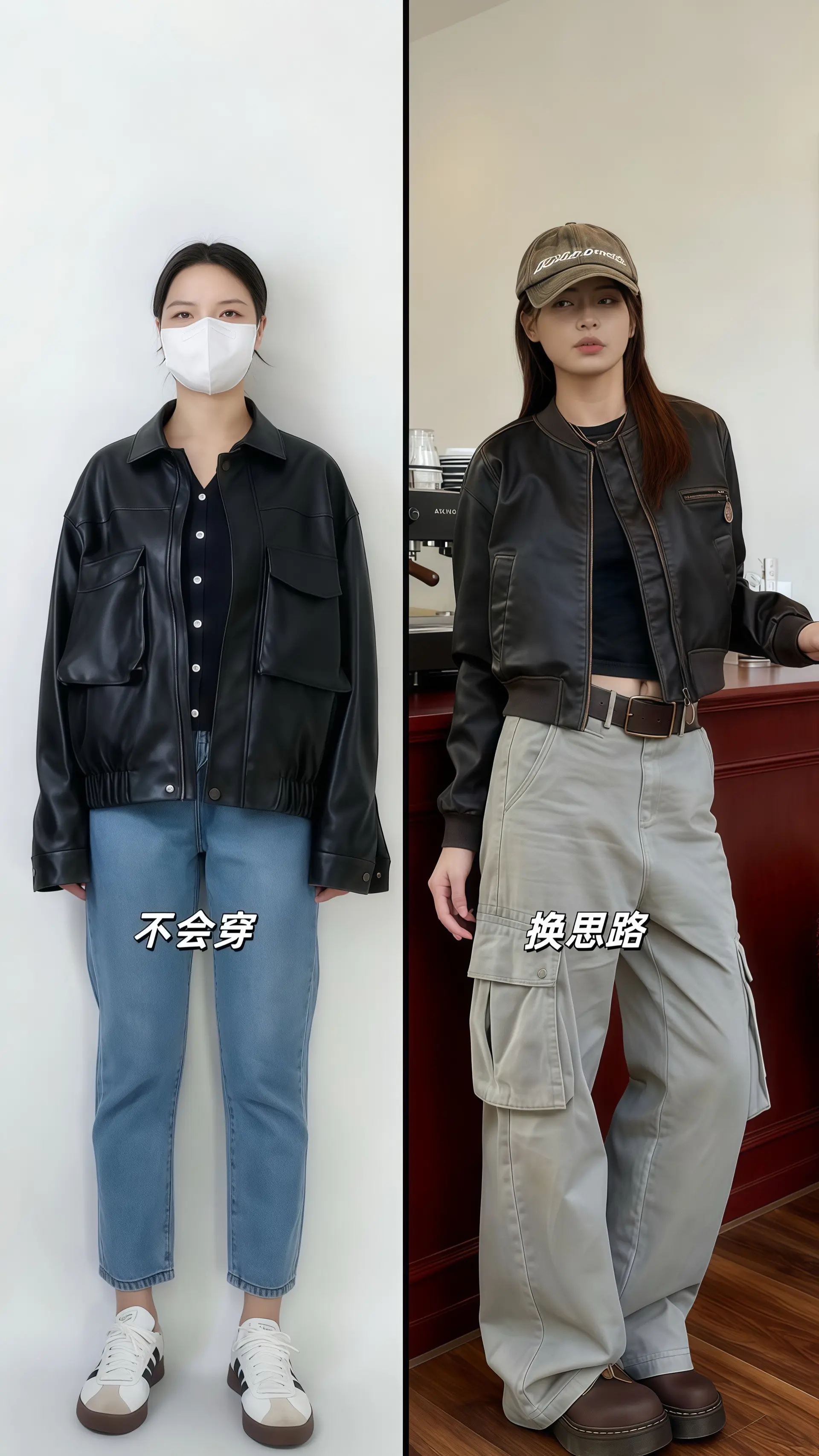 她穿着美式复古皮衣夹克，做旧的棕调皮质泛着哑光质感，短款剪裁利落又飒气...