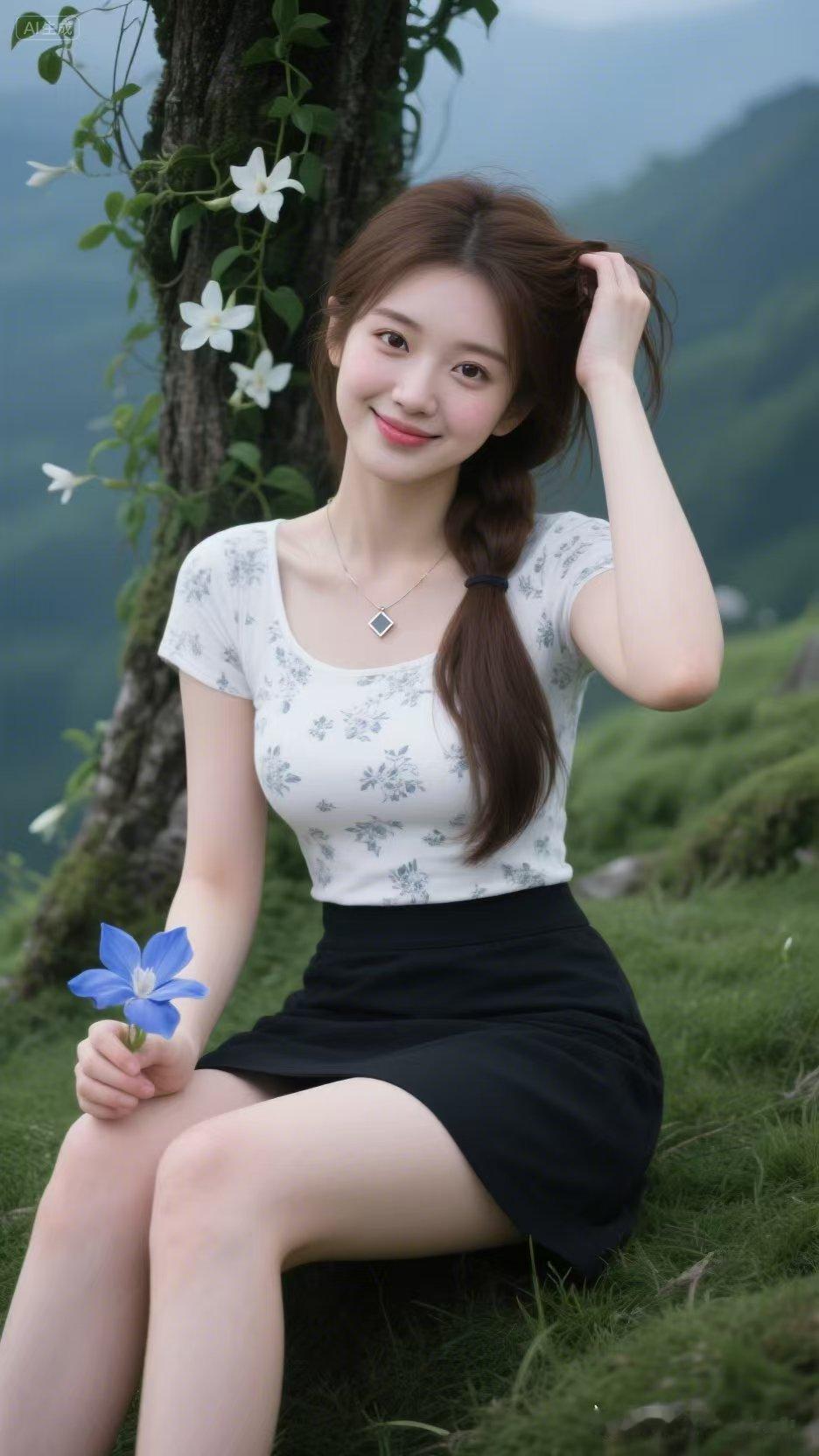 山野清风轻拂脸颊，蓝花揽入怀中。少女眉眼含笑，模样温柔清甜。山野间悠然日常，暖意