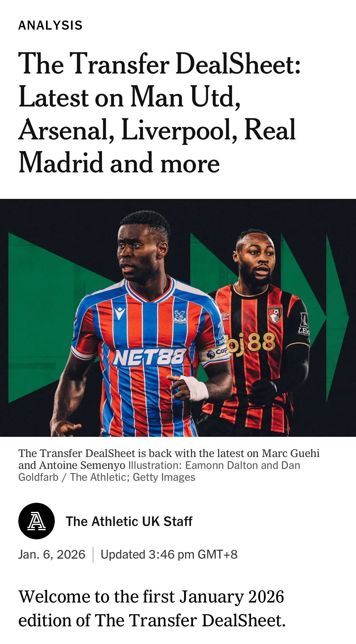 The Athletic 阿森纳冬窗转会本周综述本周及下周有何动向？省流版：无。