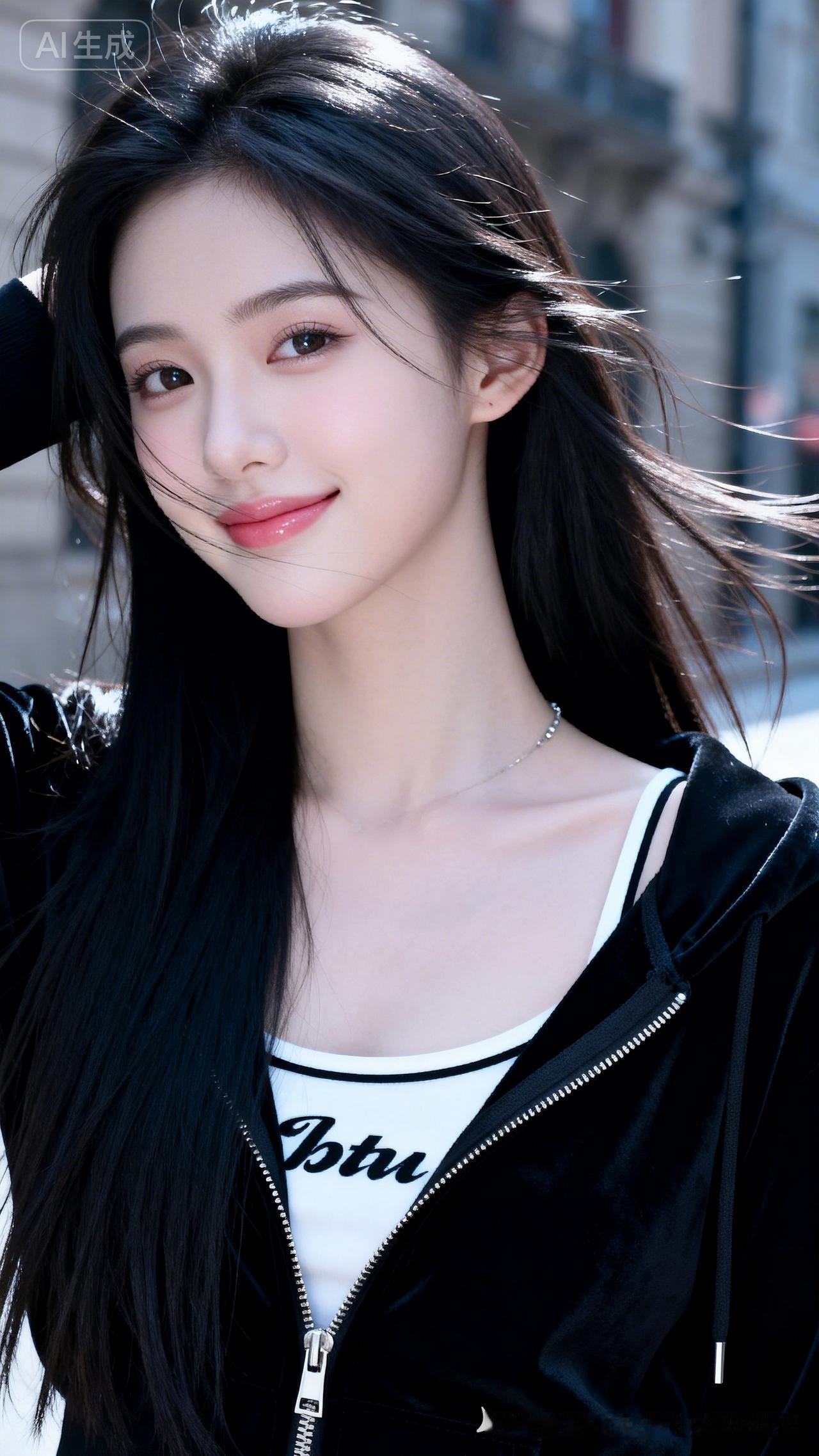真人实拍，黑拉链连帽外套搭白底黑字吊带，浅墙背景。江南娇俏少女，黑长直蓬松垂顺，