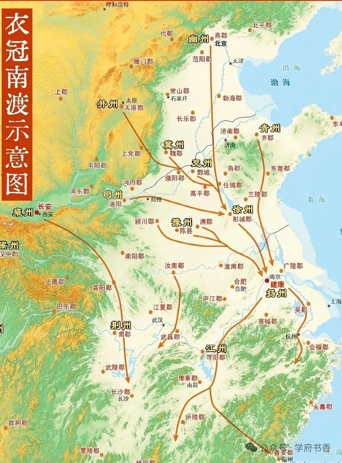 这幅衣冠南渡示意图清晰勾勒出魏晋之际中原士族、百姓大规模南迁的迁徙路线，完整展现