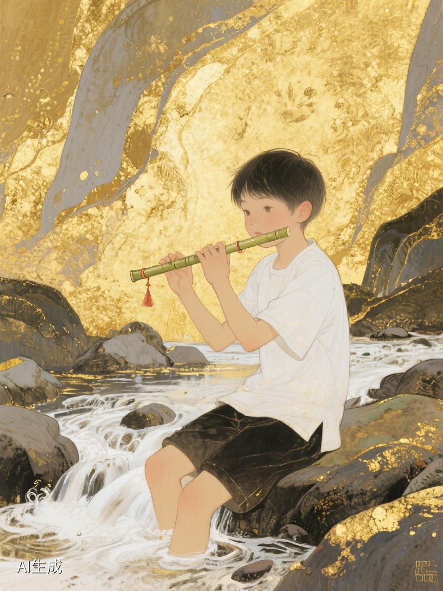 AI妙生图在金影流泻的溪畔，吹笛少年与潺潺流水相伴，于平凡处觅得生活诗意🎶
