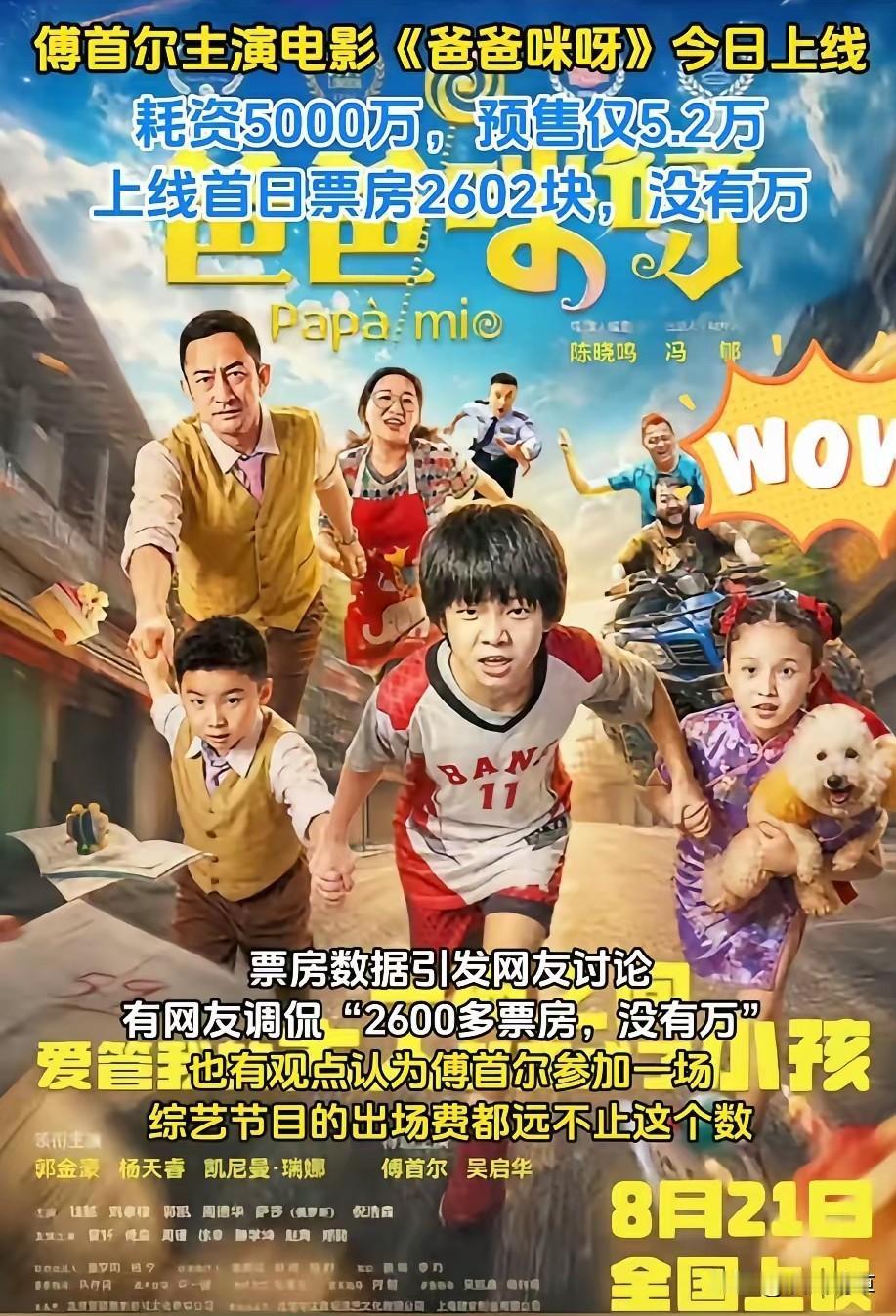傅首尔主演的《爸爸咪呀》，首日票房2602元，“没有万”！
网友的这句调侃，直接