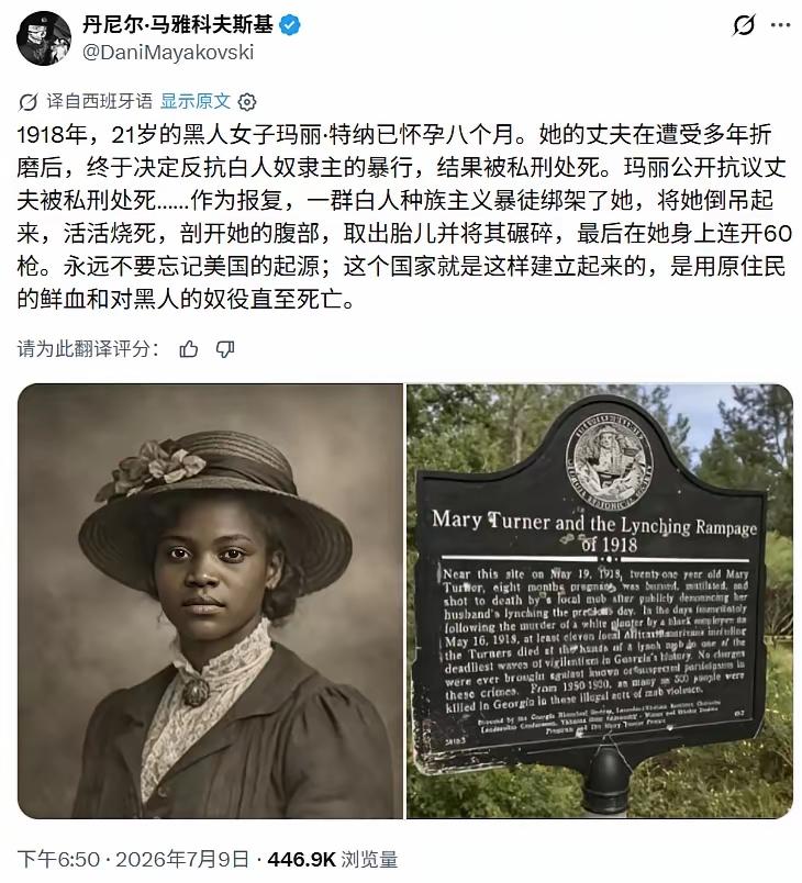 丹尼尔讲述1918年玛丽特纳一家三口的悲惨遭遇。
那时候的美国奴隶制依然存在，黑
