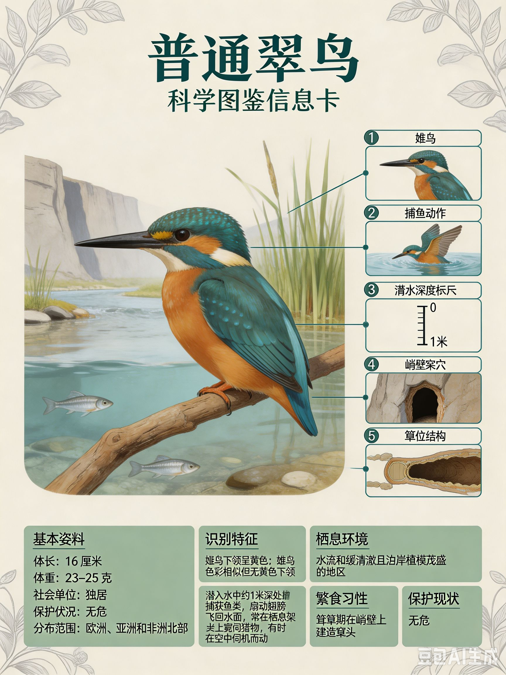 鸟类朋友图鉴 普通翠鸟体长：16 厘米体重：23~25 克社会单位：独居保护状况
