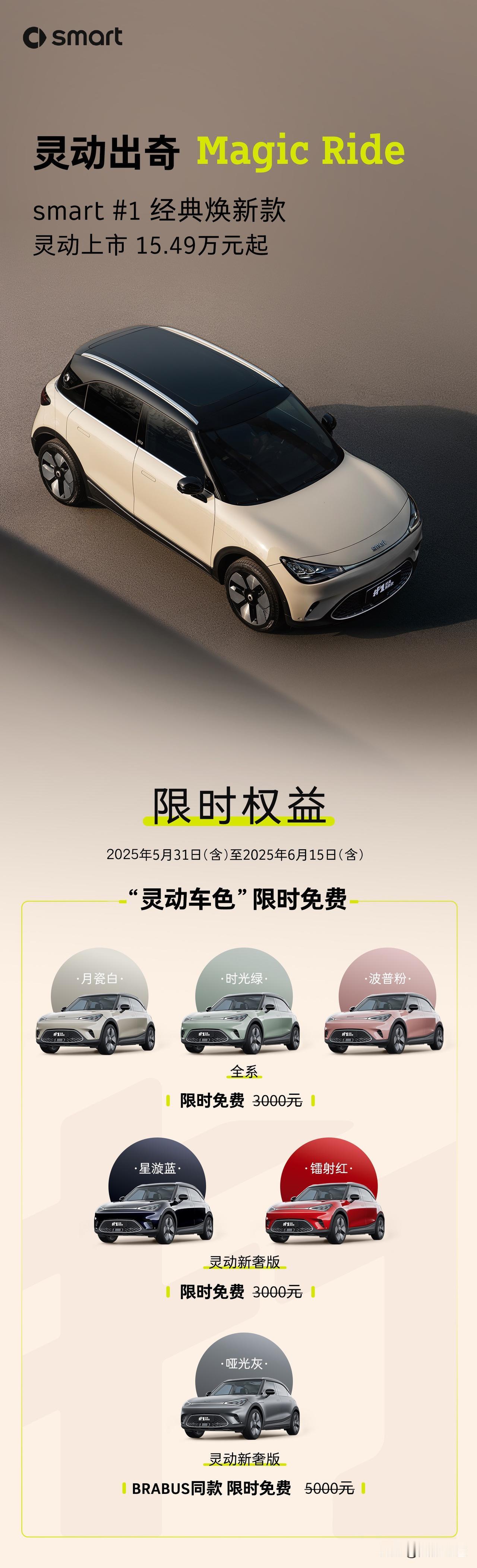 在粤港澳大湾区车展上，smart精灵1号焕新改款上市3款车型，售价15.49-1
