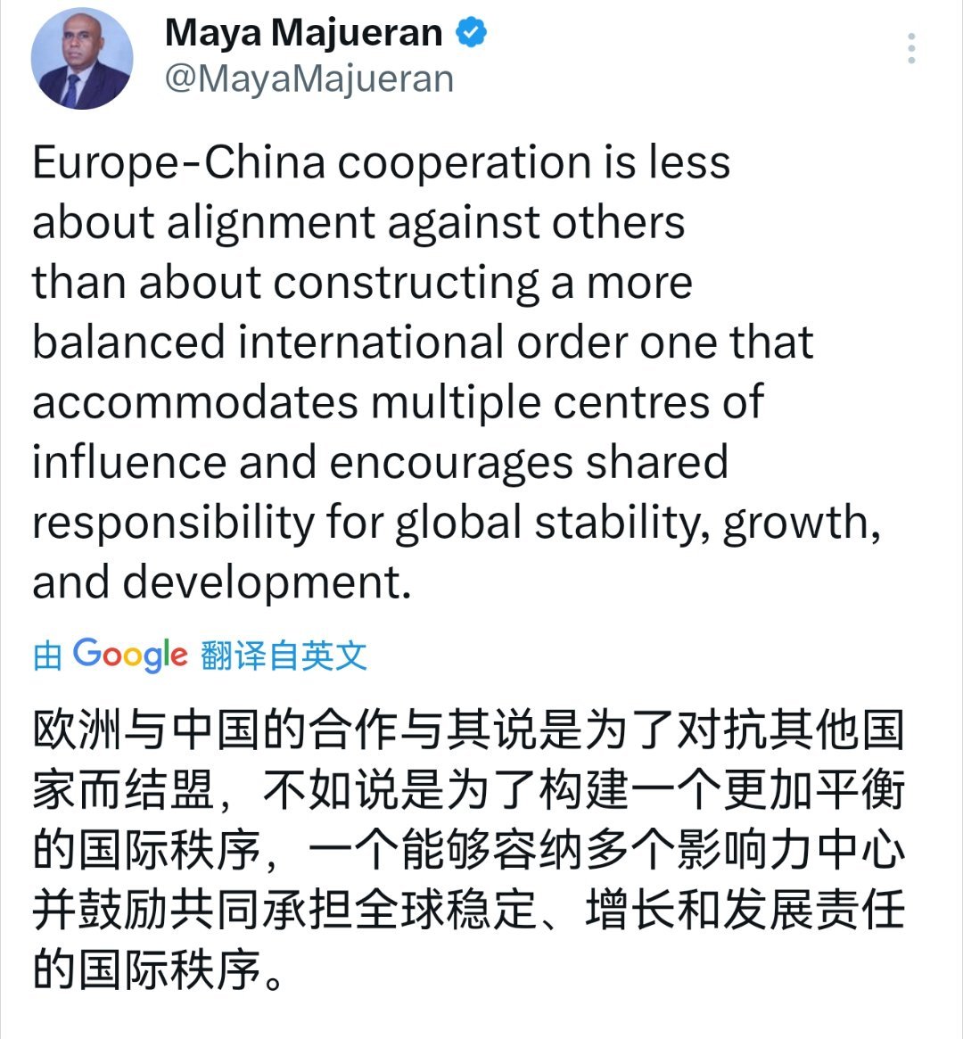 “欧洲与中国的合作与其说是为了对抗其他国家而结盟，不如说是为了构建一个更加平衡的