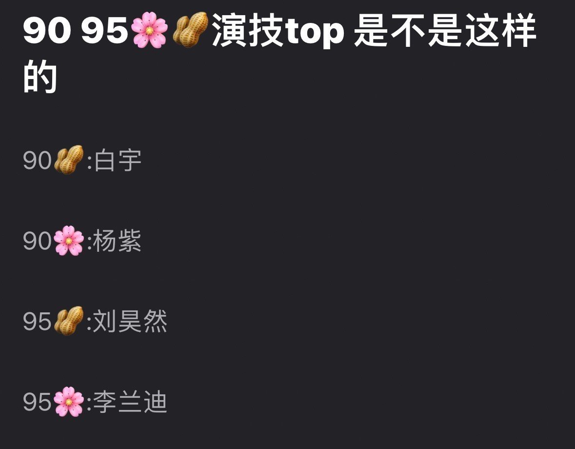 网友汇总90和95生花演技Top90生:白宇  90花:杨紫 95生:刘昊然  
