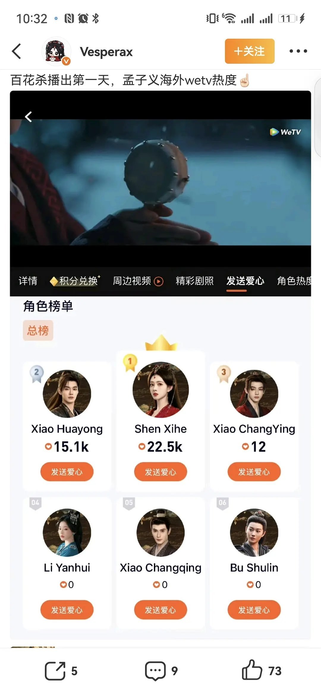 孟子义 何与 百花杀周四晚首播热度峰值24683，开局6️⃣广 