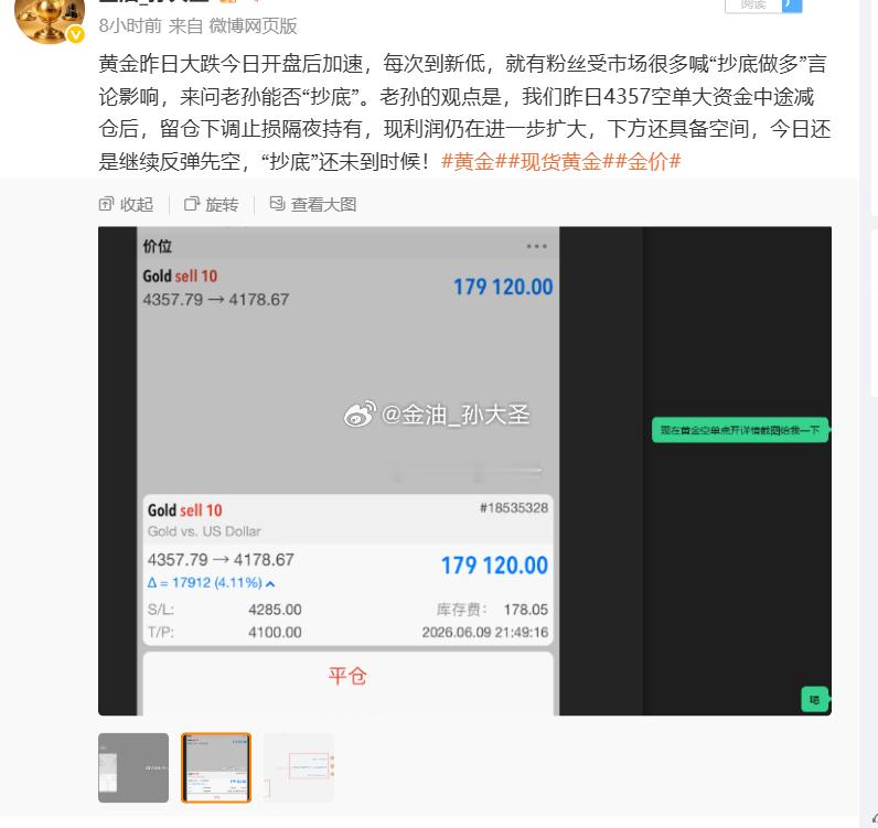 粉丝们朋友们注意，如大家所见，随着黄金行情再度破低后，不单单是4177空单，还包