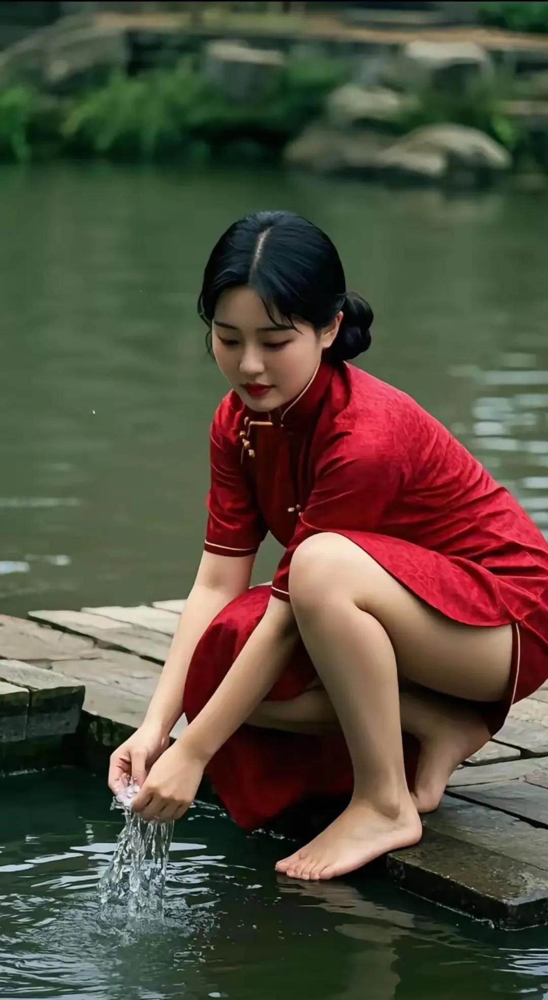 她轻轻地蹲下，轻拂河面的水花，极尽柔情。水波荡漾，仿佛在回应着她的温柔。