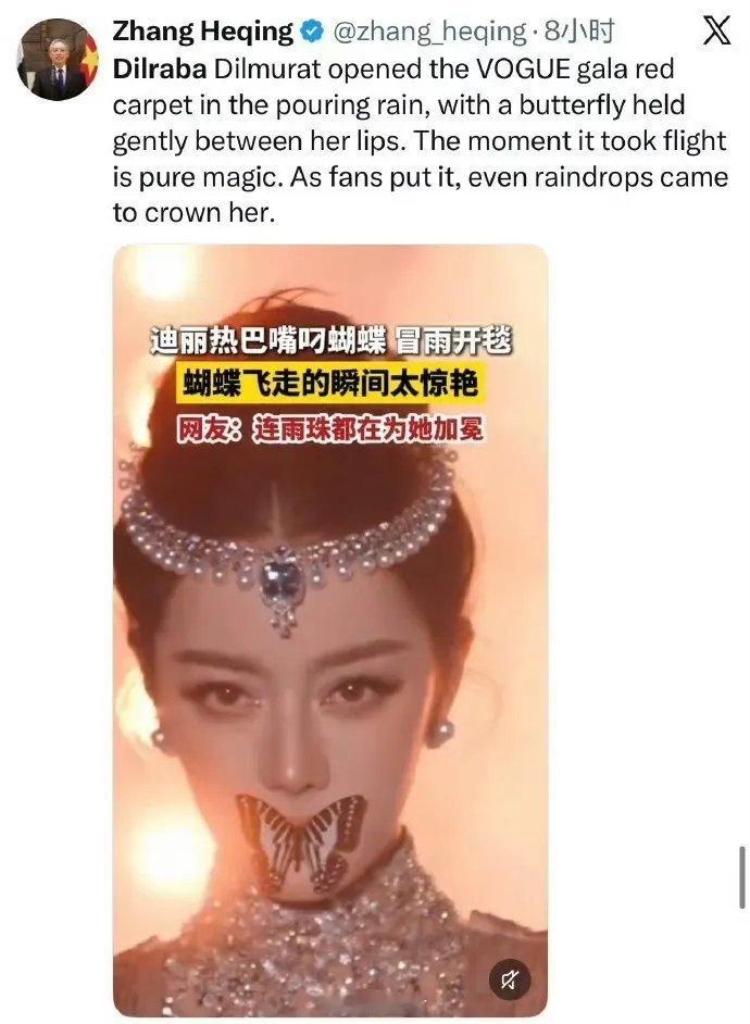 迪丽热巴VOGUE红毯蝴蝶名场面，已经跳出饭圈，在更大范围出圈。唇间蝴蝶随风飞走