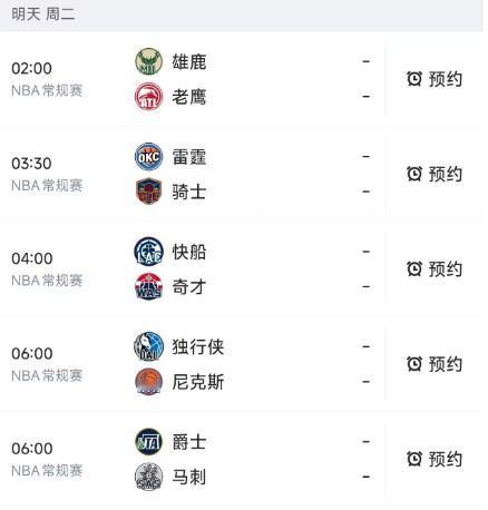 北京时间1月20日，星期二，明天凌晨2点-6点的NBA常规赛有5场对决，赛程如下