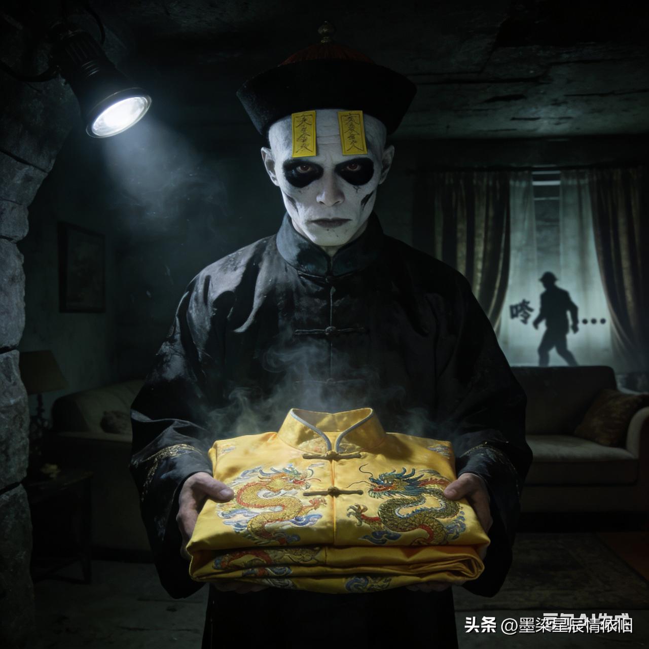 剧本《明孝陵里展示清龙袍》

· 僵尸A： 清朝官服，脸上涂白，画黑眼圈，贴两张