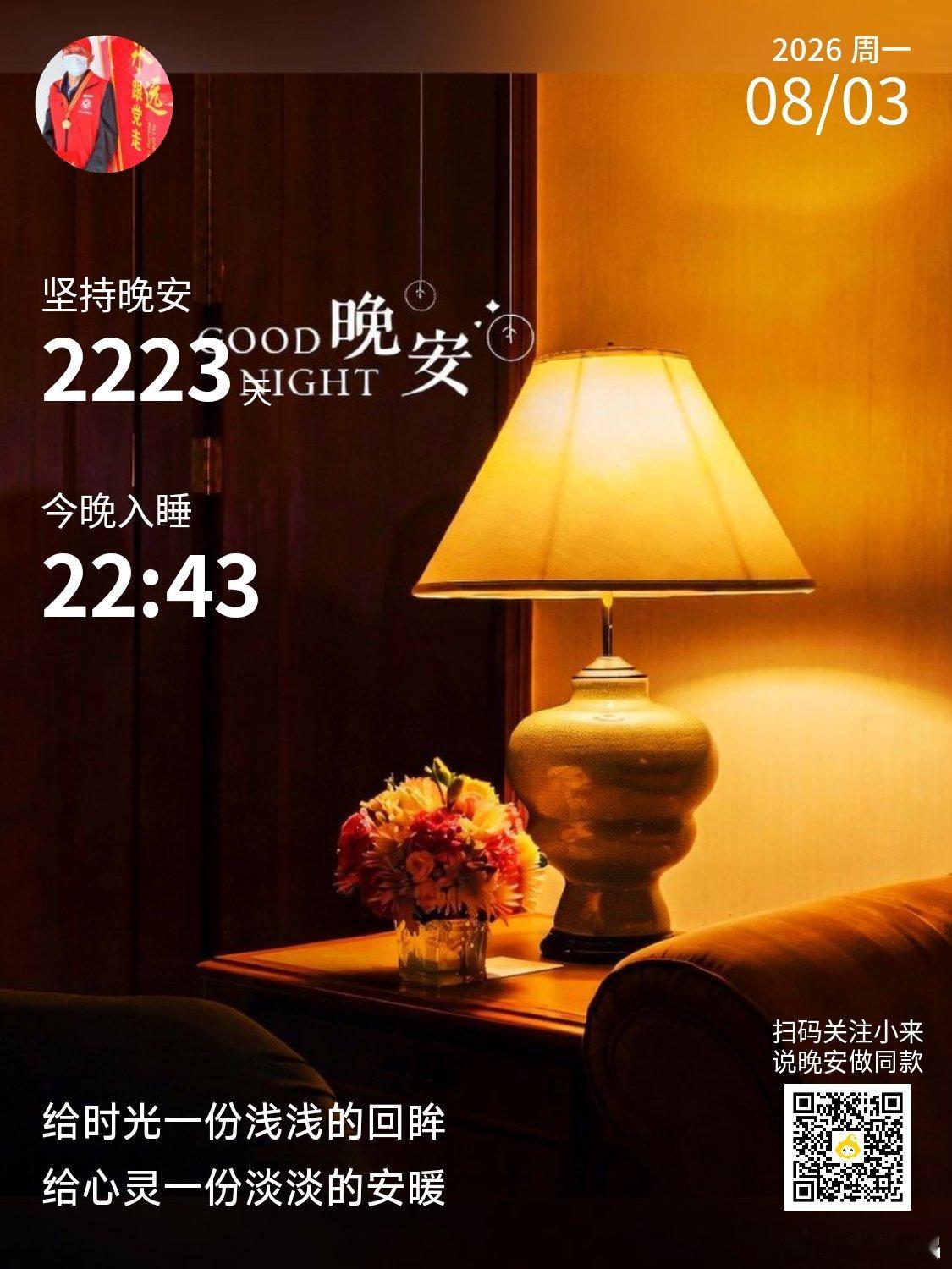 晚安你已连续晚安问候2223天。漫天星光沿途撒播，长路尽头总有灯火。V影响力榜寻